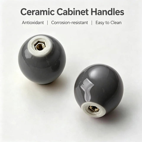 Slick Gray Ceramic Drawer Pulls 10 Pack Round Single Hole Cabinet Knobs For Kitchen Or Pantry Offers Super Quick Swaps And A Heavy Duty Smooth Handle That Makes Every Space Level Up Fast, close-up view of two gray ceramic round cabinet knobs.