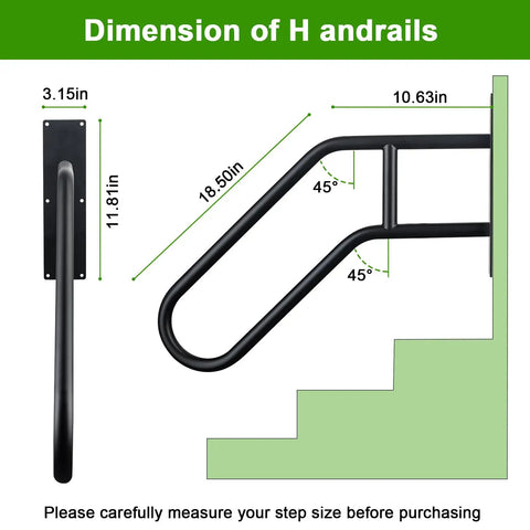 Dimensions of Heavy Duty U Shaped Wall Mount Stair Handrail For Indoor Outdoor Porch Steps Non Slip Safety Grab Bar with measurements