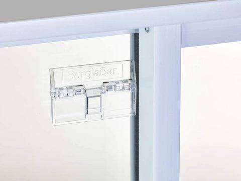 Sliding Door Security Bar, Hinge Style Lock For Patio Doors And Windows, Easy Install, clear hinged lock on glass door close-up