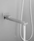 Shower System Combo with Hand Shower and Tub Spout focusing on brushed nickel tub spout with water flow.