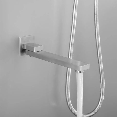 Shower System Combo with Hand Shower and Tub Spout focusing on brushed nickel tub spout with water flow.