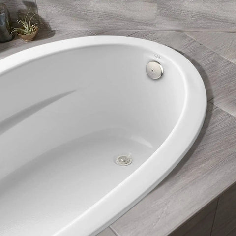 Push And Lock Bathtub Drain Stopper Kit With Trim Set And Single Hole Overflow Faceplate, Easy Install Conversion Kit, Universal Fine And Coarse Threads, No Putty, Brushed Nickel Finish shown installed in bathtub