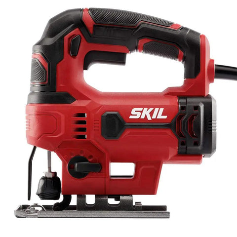Knock Out Messy Edges Quick With This Rock Solid 5 Amp Corded Jig Saw featuring a red and black design, strong construction, and ergonomic handle.
