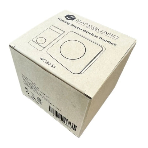 Packaging box for Wireless Door Chime With Bright Flashing Strobe Light For Hearing Impaired, visual and audible alerts system.