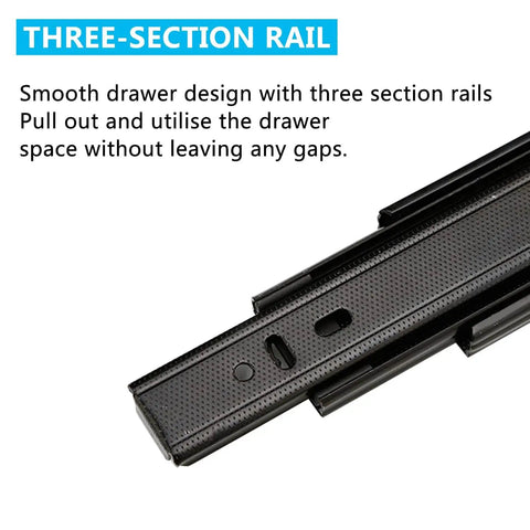Tough As Nails Heavy Duty Drawer Slides For Cabinets And Dressers With Full Extension Ball Bearing Side Mount Rails 8 To 18 Inch 80 Lb Per Pair Capacity Three Section Telescoping Glides For Smooth Quiet Operation, close-up view of three section rail design.