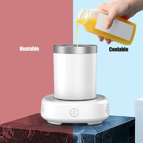 Dope Two In One Desk Drink Heater And Chiller With Matching Mug; white unit displaying beverage pouring feature, heatable and coolable.