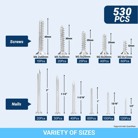 530 Piece Pro Grade Stainless Steel Wood Screws And Nails Set With 11 Sizes Phillips Flat Head For Picture Hanging DIY Projects