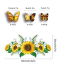 Sunflower Wall Stickers With 3D Butterflies Set, Yellow Flower Wall Decal, Waterproof Vinyl Peel And Stick Decor For Bedroom Living Room Bathroom, Removable, Easy Application, 13 Piece Set For A Cozy Vibe; sunflower and butterfly decals with size details.