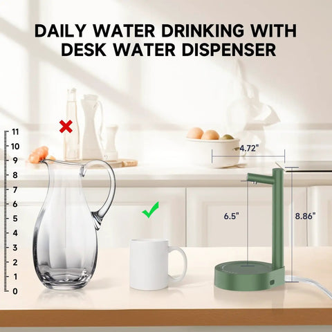 Green Compact Desktop Water Dispenser for 5 Gallon Bottles with USB C Fast Charge on kitchen counter with mug and pitcher