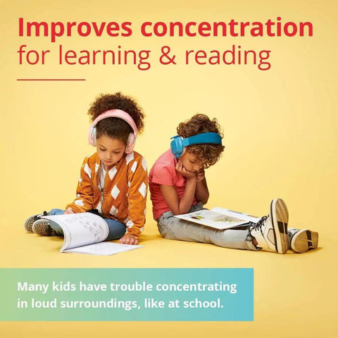 Two children using Kid Friendly Noise Canceling Headphones For Concentration And Hearing Protection, reading books on floor.