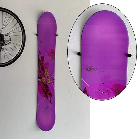 Beefy Ski And Snowboard Wall Mount Storage Rack Invisible Floating Garage Display Organizer holds a purple snowboard on a wall.