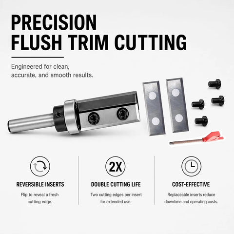 Heavy Duty Flush Trim Router Bit With Quarter Inch Shank And Five Eighths Inch Cut Diameter Featuring Dual Reversible Carbide Inserts, showing reversible inserts.