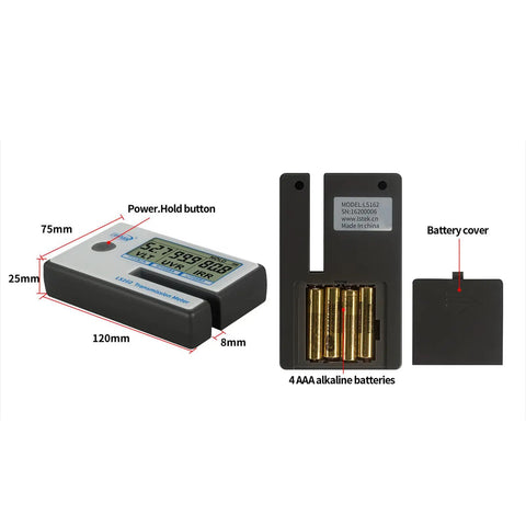 Dimensions and battery details of Pro-Grade Portable Car Window Tint Meter For VLT UVR IRR Readings With Instant Calibration LS162
