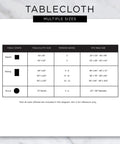 Diagram showing tablecloth sizes and seating capacity for square, oblong, and round shapes. Includes size details for each.