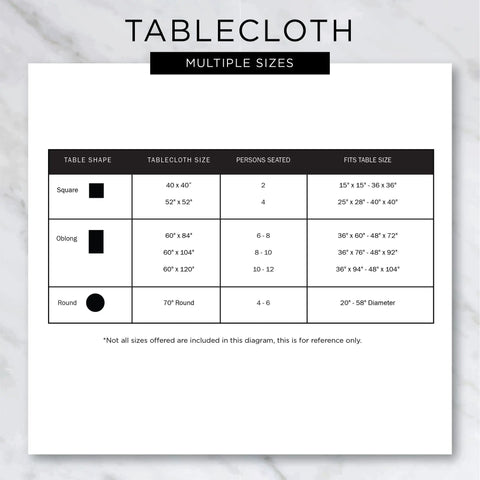 Diagram showing tablecloth sizes and seating capacity for square, oblong, and round shapes. Includes size details for each.
