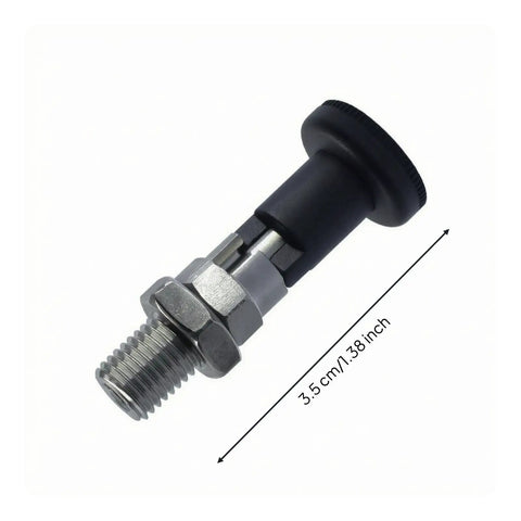 Rock Solid Self Locking Indexing Pin With Heavy Duty Metal Body And Reliable Plunger Lock For Repeatable Machine Alignment And Straight Up Stress Free Workshop Setup Hardware, showing hexagon nut and black pull knob.