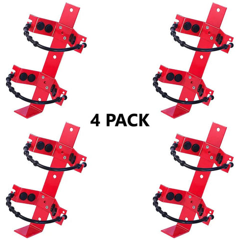 Four Pack Heavy Duty Steel Fire Extinguisher Mount For Ten Pound Units, red steel holders tailored for five to seven inch cylinders.