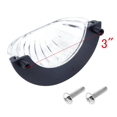 Three Inch Hole Centers Clear Glass Cabinet Cup Pulls with scalloped design and oil rubbed bronze base, shown with screws