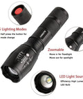 Powerful Emergency LED Handheld Flashlight Set 4 Pack with Adjustable Focus, five modes, water resistant, close-up view showing features
