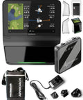 Approach R50 Premium Golf Launch Monitor And Simulator Bundle with charger, carrying case, AC adapter, and power bank.