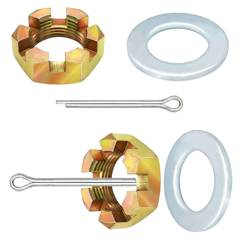 Two-set gold-tone trailer nut kit for 1-inch spindle; includes two nuts, two washers, and two cotter pins