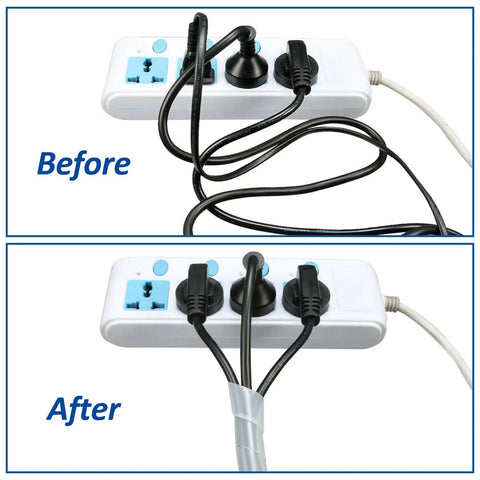 Comparison of cables before and after using Half Inch 20 Ft Spiral Cable Wrap For Wires And Cables Keeps Your Cords Neat N Tidy Durable PE Cord Cover Sleeve
