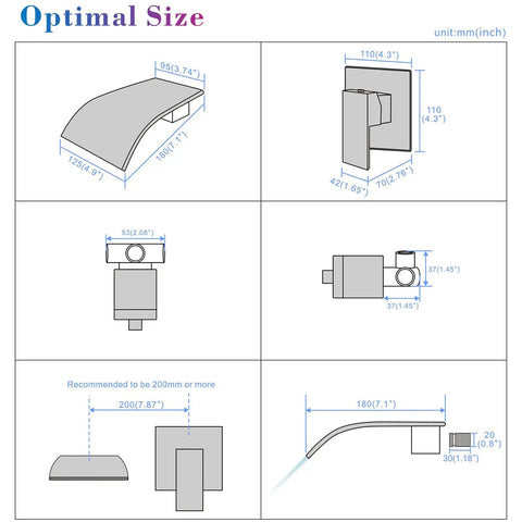 Technical drawing of Matte Black Waterfall Wall Mount Faucet For Tub And Sink Brass Bath Filler Tap Wall Mounted Bathtub Filler