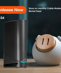 Black G34 Cable Modem Router Combo With DOCSIS 3.1 And WiFi 6 AX3000 next to a piggy bank on a wooden surface