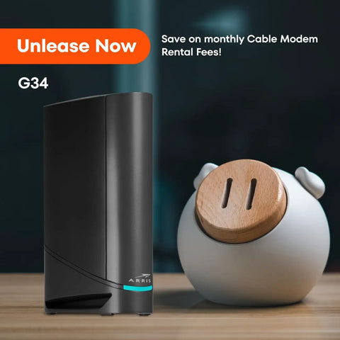 Black G34 Cable Modem Router Combo With DOCSIS 3.1 And WiFi 6 AX3000 next to a piggy bank on a wooden surface