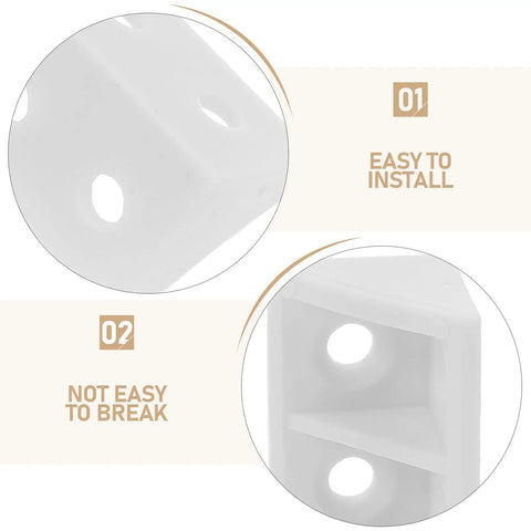 Close-up of Heavy Duty Plastic Corner Braces For Cabinets And Shelves 20 Pack White 4 Hole Corner Connectors showing holes.