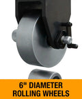 Close-up of 6" diameter rolling wheels for Heavy Hauler 45 Inch English Wheel For Metal Fabbing Shapes 16 Gauge Steel And Copper.