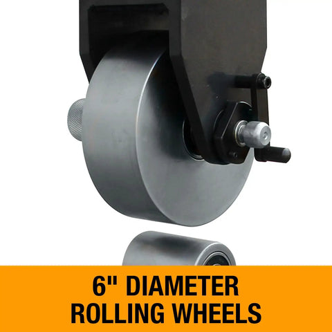 Close-up of 6" diameter rolling wheels for Heavy Hauler 45 Inch English Wheel For Metal Fabbing Shapes 16 Gauge Steel And Copper.