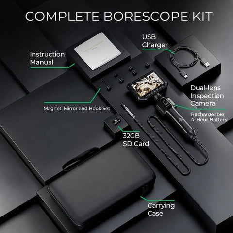 Dual Lens Articulating Borescope With Built In Light For Mechanics And Plumbing, 6mm Camera Snakes, 5Ft Reach, Two Way Viewing Endoscope For Automotive And Industrial Inspections, kit with case and accessories