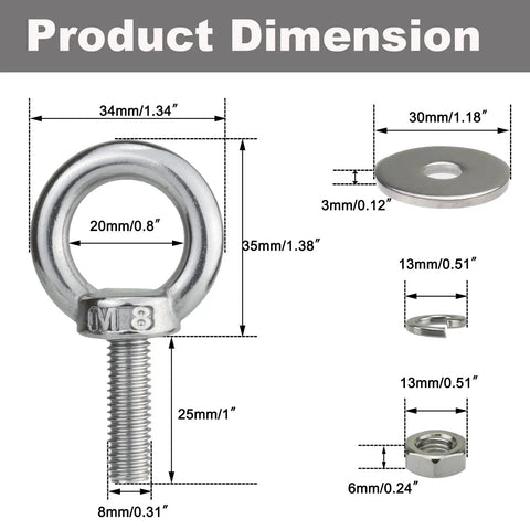 Dimensions of Stainless Steel Eye Bolts With Nuts And Washers 4 Pack 5/16 Inch By 1 Inch Lifting Eyebolts