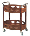 Rock Solid Industrial Two Tier Rolling Bar Cart With Spacious Serving Counter And Lockable Caster Wheels Heavy Duty Kitchen Storage Rack That Rolls Like A Dream Anywhere, wooden design with circular cutouts, smooth rolling casters.