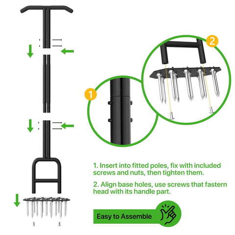 Assembly instructions for Heavy Duty Lawn Aerator Spike Tool With 18 Steel Spikes And 38.8 Inch Manual Handle, double pipe handle.
