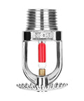 Plug And Play Five Pack Fire Sprinkler Heads Featuring Sixty Eight Degree Automatic Thermal Trigger And Reinforced Glass Bulb Engineered For Fast Dn20 Upright Pipe Mounts close-up of chrome brass sprinkler head with red glass bulb design.