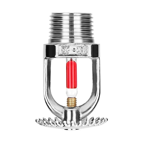 Plug And Play Five Pack Fire Sprinkler Heads Featuring Sixty Eight Degree Automatic Thermal Trigger And Reinforced Glass Bulb Engineered For Fast Dn20 Upright Pipe Mounts close-up of chrome brass sprinkler head with red glass bulb design.