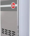 Top Shelf Stainless Steel Natural Gas Outdoor Tankless Water Heater with Rheem branding, side view showing vents and connectors.