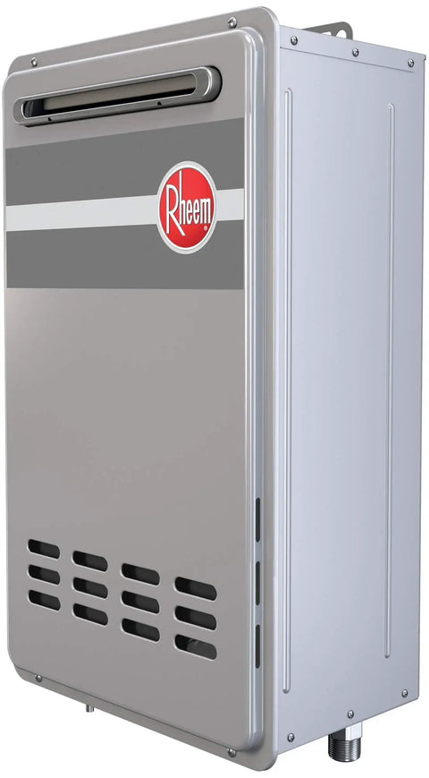 Top Shelf Stainless Steel Natural Gas Outdoor Tankless Water Heater with Rheem branding, side view showing vents and connectors.