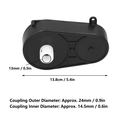 Black housing of DC 12V Steering Wheel Motor Gearbox for RC cars, with dimensions and nylon coupling visible