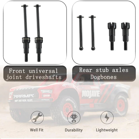 Beefy Heavy Duty RC Steel Drive Shaft Kit Front And Rear Universal Shafts With Rear Stub Axles Dogbones And Hexes For ARRMA Mojave GROM Series Desert Trucks with parts displayed on a Mojave truck backdrop.
