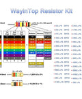 WayinTop Resistor Kit chart showing resistor values for Arduino Project Essentials Kit With 600 Resistors From 10 Ohm To 1 MOhm.