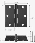 Six Pack Three And A Half Inch Matte Black Door Hinges Featuring Square Corners Removable Pins and Full Screw Kit, showing dimensions and design.