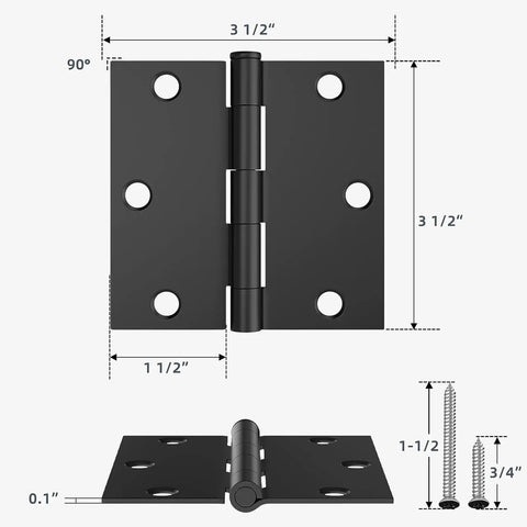 Six Pack Three And A Half Inch Matte Black Door Hinges Featuring Square Corners Removable Pins and Full Screw Kit, showing dimensions and design.