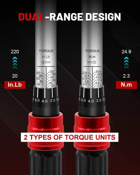 Dual-range design of One Quarter Inch Drive Torque Wrench Set With Thirty Two Bit Sockets And Micro Adjustable Click Wrench