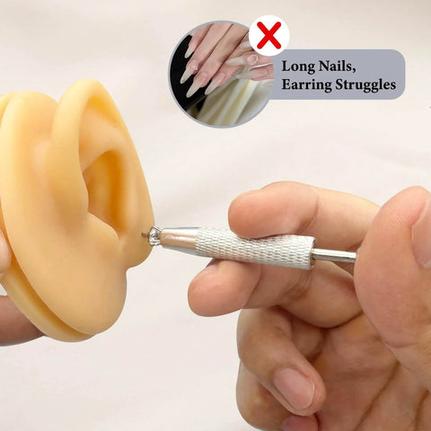 Piercing Taper And Ball Grabber Tool Set For 14G 16G 18G 20G Stainless Steel Flat Back Earring Applicator being used on ear model