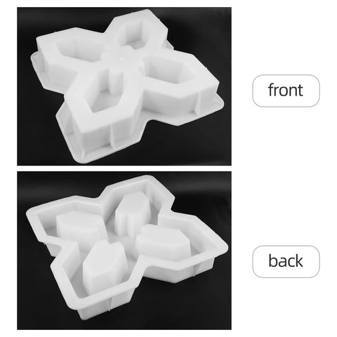 Front and back view of white plastic Concrete Paver Molds And Stepping Stone Set For Patio Pathway DIY Garden Decor Durable Plastic Cement Molds For Garden Walkway Brick Tile Forms Reusable Casting Kit