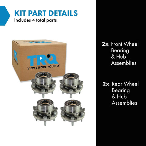 Front And Rear Wheel Bearing And Hub Assembly Set For Ford Explorer 2011-2012 And 2013-2019 Police Package And Police Interceptor Utility 4 Piece DIY Friendly Direct Replacement Kit For A Smooth Quiet Ride And Reliable Handling displayed with packaging and parts list.