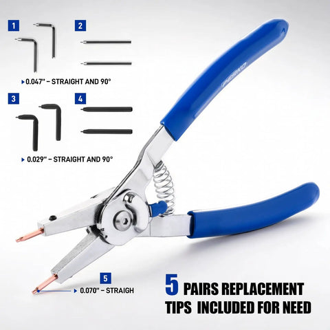 8 Inch Snap Ring Pliers Kit With Interchangeable Tips For Internal And External Rings, Fast Flip Switch, 5 replacement tips